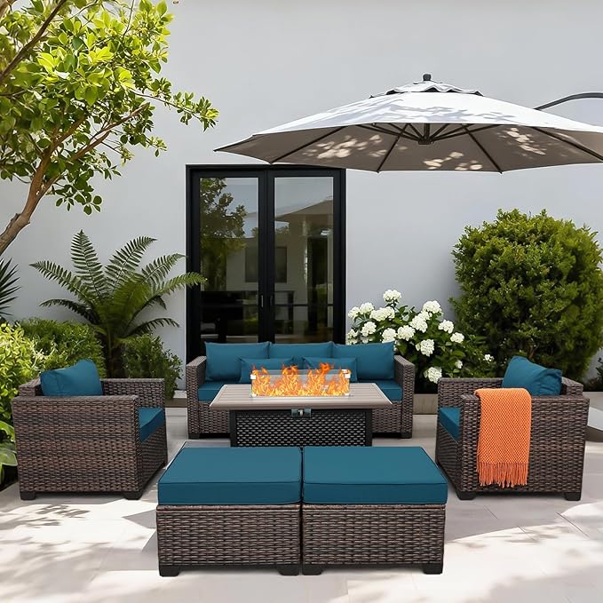 6 Pieces Outdoor Furniture 60000BTU Outdoor Propane Fire Pit Wicker Patio Furniture Set 45" Steel Fire Table Anti-Slip Cushions Waterproof Covers, Peacock Blue