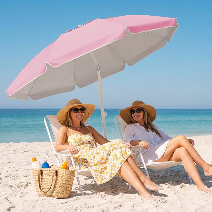 JEAREY 6.5ft Sun Shade Umbrellas, Portable Umbrella with Stand, Lightweight Sun Protection Free Standing Sport Umbrella for Outdoor Sports, Camping, Fishing, Patio, Beach, Sakura Pink
