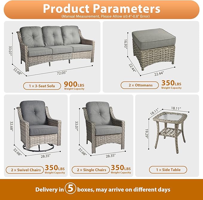 8 PCS Outdoor Patio Furniture Sets,Patio Conversation Sets Outside Rattan Soft Cushion Sofa with 2 Wicker Rocking Chairs Soft Cushion Fit Backyard Porch Garden Poolside Balcony,Dark Grey