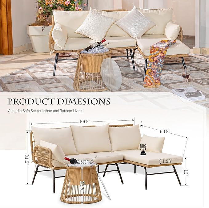 BULEXYARD 3 Pcs Boho Outdoor Patio Furniture Sets, L Shaped Natural Color Wicker Conversation Sectional Sofa w/Cozy Beige Cushion & Ice Bucket for Backyard, Porch, Deck, Garden, Balcony