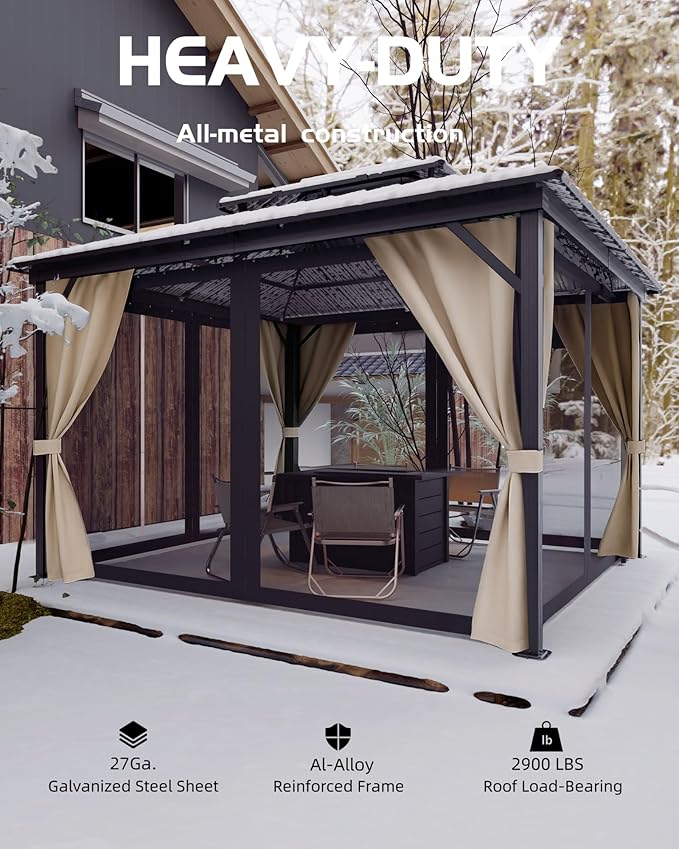 12'X14' Hardtop Gazebo with Double Steel Roof & Reinforced Aluminum Frame, Curtains & Mosquito Netting, Outdoor Permanent Pavilion for Patio, Backyard, Deck, Lawn, Garden, Khaki