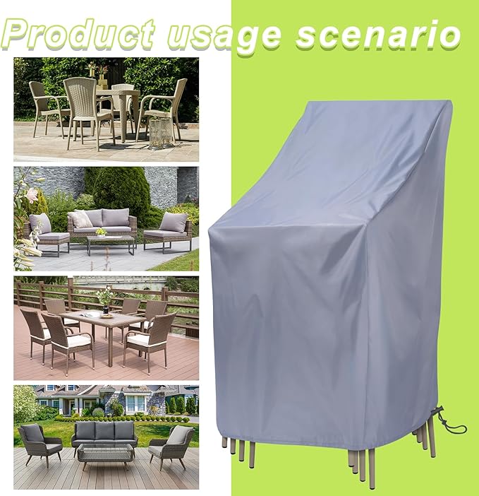 Waterproof Stackable Chair Covers, Uranshin Outdoor Patio Furniture Covers Stacked Chairs 210D Oxford Lounge Chair Covers Outdoor Stack Chairs for All Weather Protection,25"L x 25"W x 47”H (Grey)
