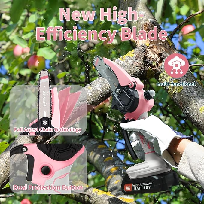 Mini Chainsaw with 2×24V Battery Powered Electric Chain Saw,chain saw are suitable for cutting wood and trimming branches,Mini Chainsaw Cordless With three chains (Pinkish White)