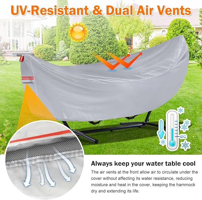 Waterproof 11-12 Hammock Cover, 210T Sun Rain UV Dust Snow Protection Outdoor Covers with Windproof Straps & Soft Cotton Lining for Hammock with 55 inch Spreader Bars -Silver