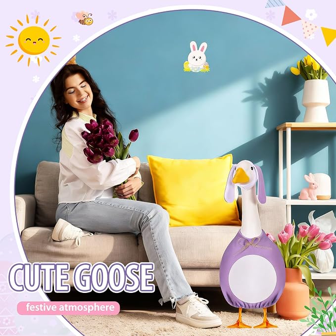 FuWeave Easter Bunny Goose Outfit for 23" Goose Costume for Cement Plastic Porch Geese Statue Spring Outdoor Garden Yard Patio Decoration, Purple