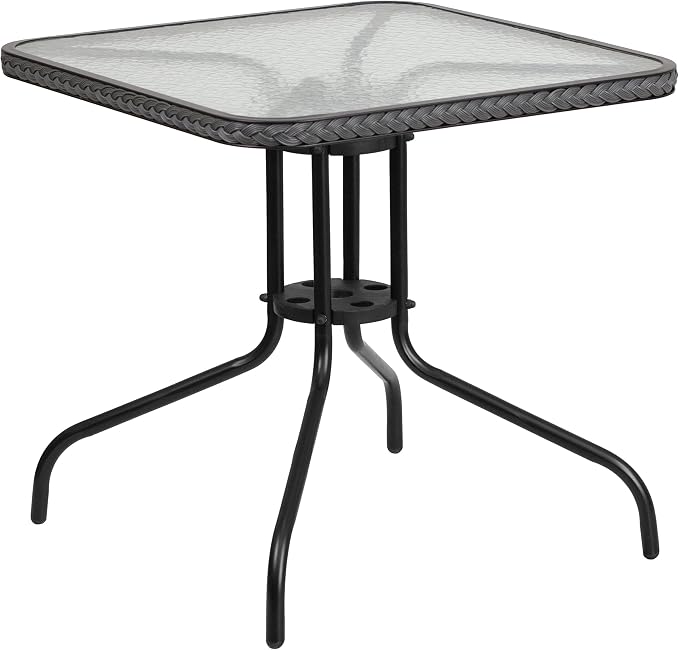 EMMA + OLIVER 28" Square Tempered Glass Metal Table with Gray Rattan Edge