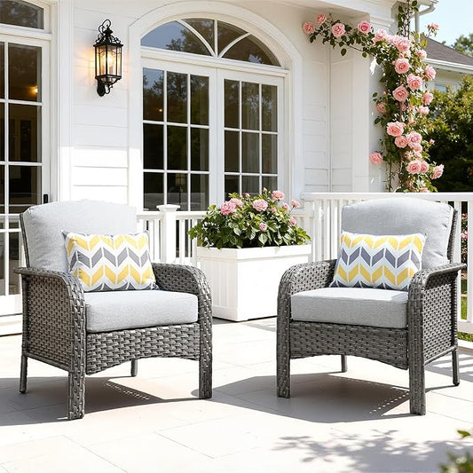 2 Pieces Patio Furniture Set, Two Single Chair Outdoor Furniture, All-Weather Rattan Wicker High Back Conversation Set of 2 for Small Space Porch, Backyard, Balcony, Grey