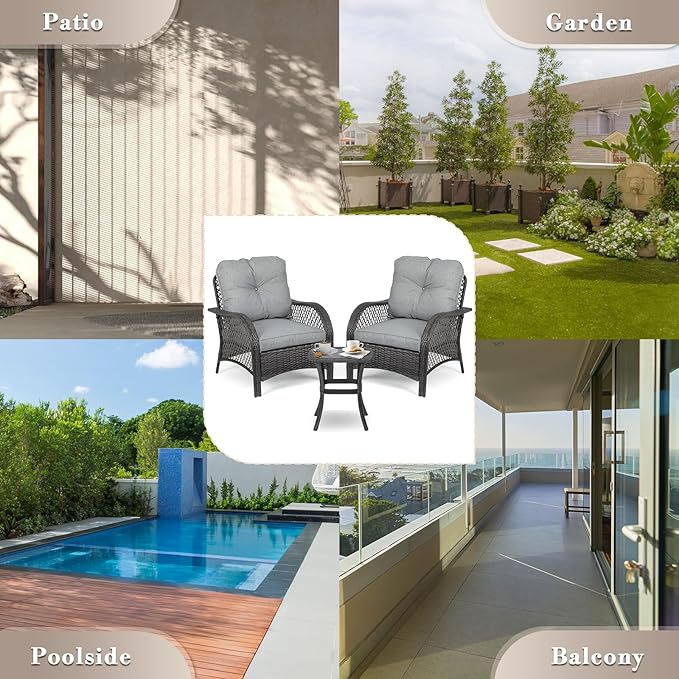 Athena Collection Patio Furniture Set of 3, All Weather Outdoor Sofa Conversation Set PE Rattan Chairs with Upholstered Seat and Backrest and Coffee Table Set for Bistro Garden Backyard, Gray