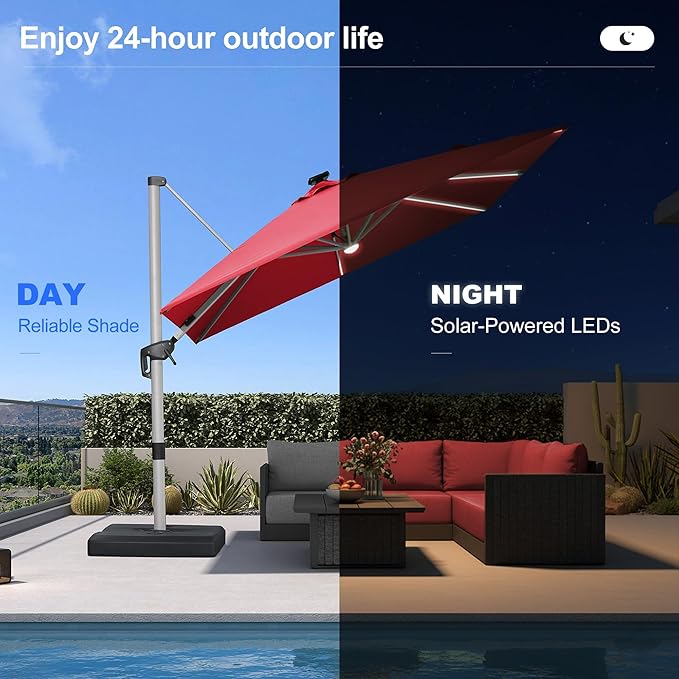PURPLE LEAF Patio Umbrella with base 10 Feet Outdoor Square Cantilever Umbrella Solar Powered LED with 360-degree Rotation for Garden Deck Pool Patio, Terra