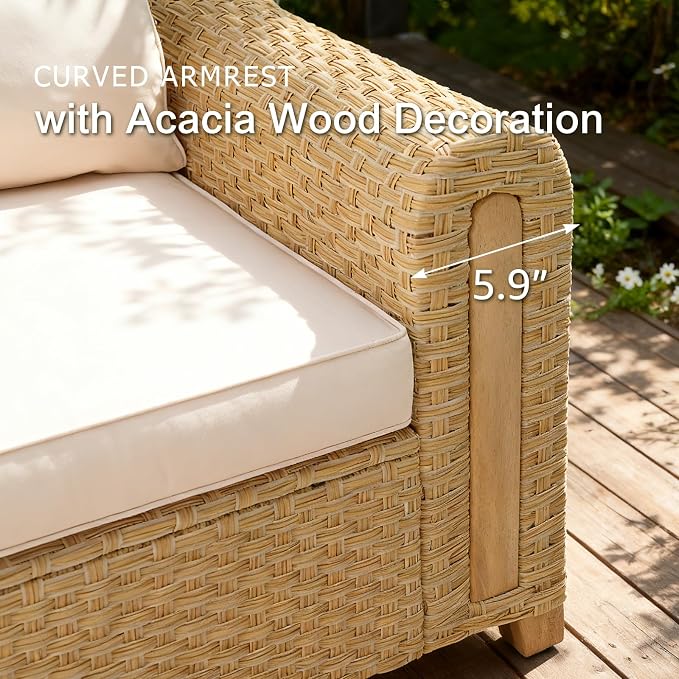 SUNSITT 7-Piece Patio Furniture Set, Outdoor Wicker Modular Sectional with Acacia Wood Accents, 5.9" Wide Armrests, Ottomans & Coffee Table for Backyard Porch