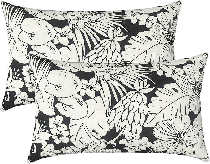 LVTXIII Outdoor/Indoor Lumbar Pillows, Decorative Patio Lumbar Cushions, Fluffy Fade Resistant Throw Pillow Cushions for Home Patio Coach Sofa, 12×20 Inch, Pack of 2, Tropical Blossom Noir