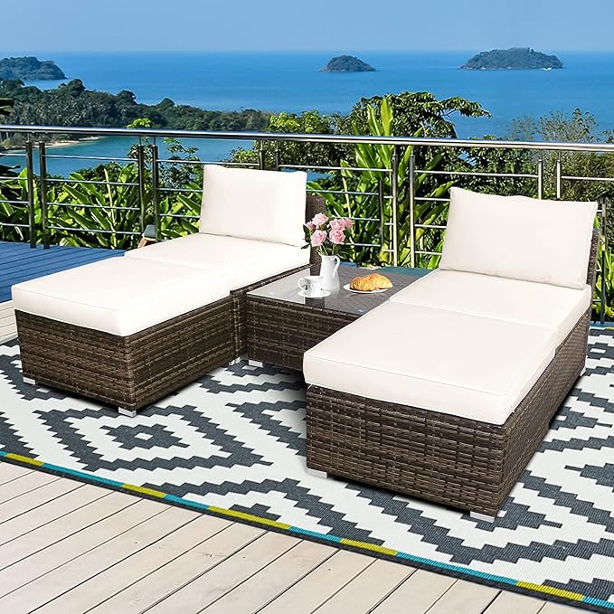 Tangkula 5 Piece Wicker Lounge Chair Set, with Tempered Glass Coffee Table, Outdoor Conversation Sets w/Washable Zippered Cushions, Includes 2 Armless Sofas, 2 Ottomans and 1 Side Table
