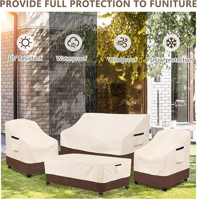 Rileytee Patio Furniture Set Covers, 4 Pcs 600D Heavy Duty 100% Waterproof Outdoor Furniture Cover, Fit Patio Loveseat, Chair and Coffee Table (Beige & Brown,Small)