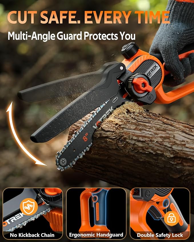 VOTREK® 6-Inch & 8-Inch Mini Chainsaw Cordless, 2 x 3.0Ah Batteries, Electric Chain Saw with 2 Chains, 2 Bars, Brushless Motor, Auto Oiler, Tool-Free Tensioner for Tree Trimming and Yard Cleanup
