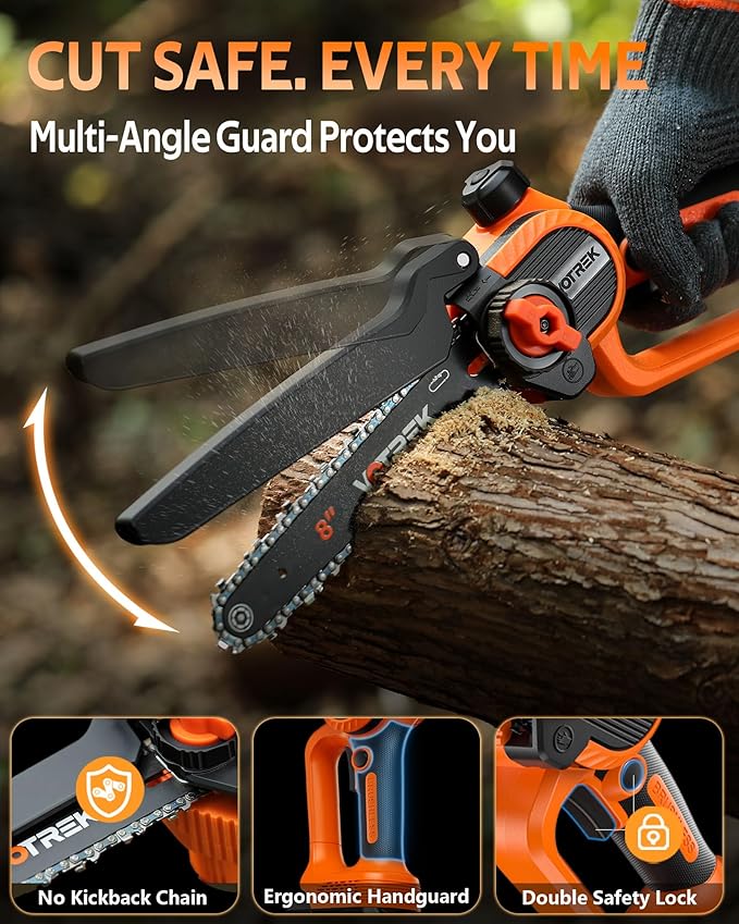 VOTREK® 8-Inch Mini Chainsaw Cordless, 2 x 3.0Ah Batteries, Electric Chain Saw with 2 Chains, Brushless Motor, Auto Oiler, Tool-Free Tensioner for Tree Trimming and Yard Cleanup