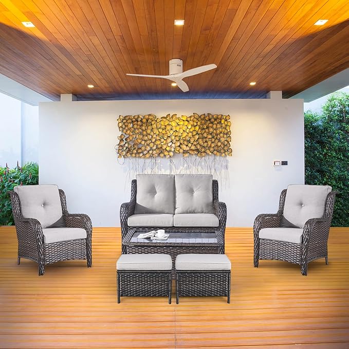 Belord 6 Pieces Patio Furniture Set Outdoor Wicker Furniture, 2 Patio Wicker Chairs with 1 Loveseat Sofa, Coffee Table and Ottomans, Patio Conversation Set for Porch Garden Deck Balcony Poolside