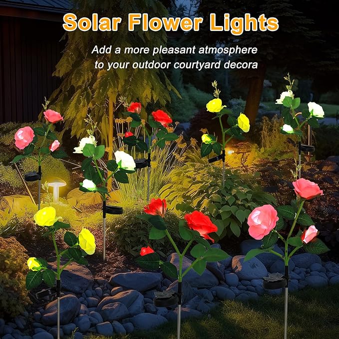 Garden 4 Pack LED Solar Flower Lights with More Realistic Rose Flowers Solar Garden Lights Outdoor Waterproof for Yard Patio Lawn Pathway Walkway Decoration 4-Pack Yellow & Pink & Red & White Combo