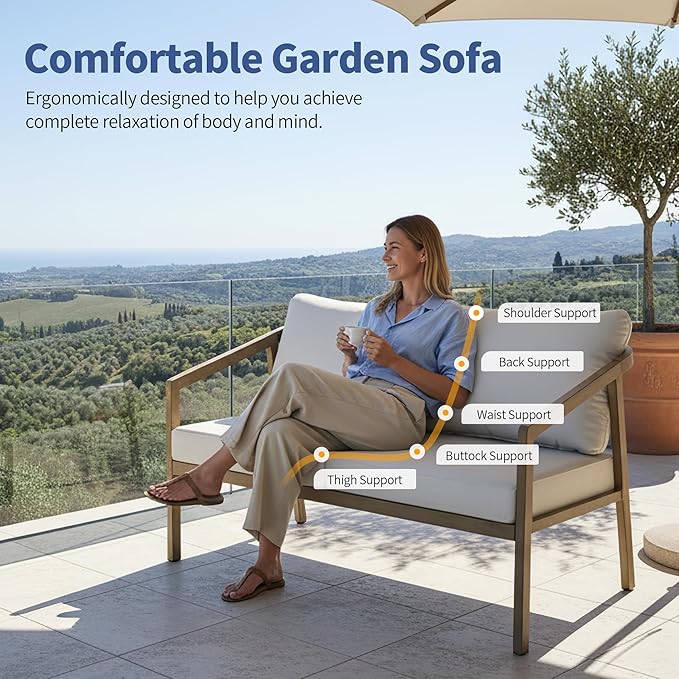 Patio Conversation Sets, 4 Piece Patio Furniture Sets with Loverseat、Armchair Sofa & Coffee Table, Aluminum Modern Outside Sectional Furniture for Garden, Backyard, Porch (Brown)