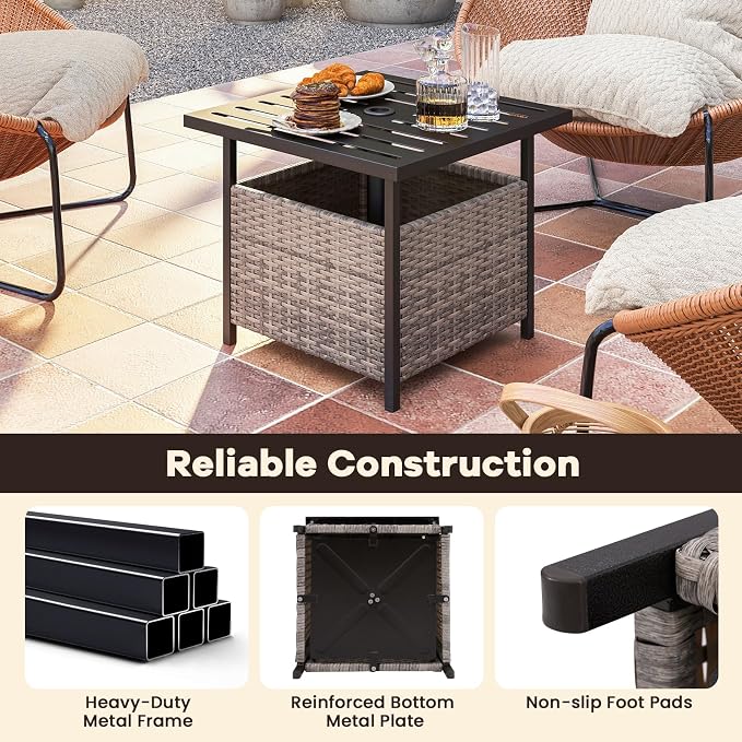 HAPPYGRILL Wicker Patio Umbrella Table with 1.57” Umbrella Hole, Outdoor Rattan Side Table with Heavy Duty Metal Frame, 22” Square PE Rattan End Table for Deck Backyard Poolside (Mix Gray)