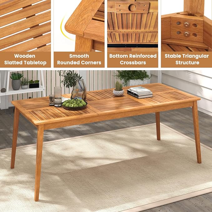 HAPPYGRILL Outdoor Acacia Wood Dining Table for 8 People, 79” x 35” Rectangular Patio Bistro Table with Built-in Umbrella Hole, Wooden Picnic Table for Porch, Garden, Backyard, Natural