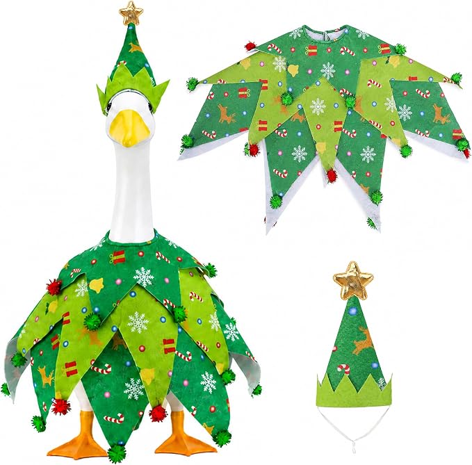 2 Pcs/Set Christmas Tree Porch Goose Outfits, Xmas Geese Clothing Costume Included Hat and Clothes, Green Christmas Goose Statue Costume Accessories for 23" High Porch Statue Holiday Patio Yard Decor