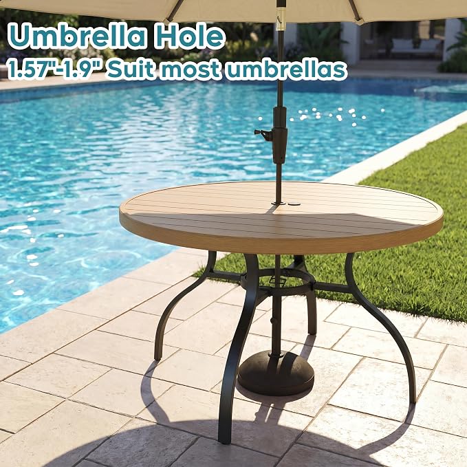 47” Round Outdoor Dining Table for 6,Metal Patio Dining Table with Adjustable Umbrella Hole,All-Weather Brown Outdoor Patio Table for Porch, Garden, Backyard, Poolside, Lawn