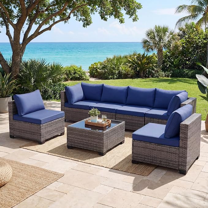 7 Pieces Outdoor Wicker Patio Furniture Sectional Set, Patio Conversation Set with Cushions & Coffee Table, All Weather PE Rattan Patio Sofa with Tea Table for Backyard Porch Garden (Navy-blue)