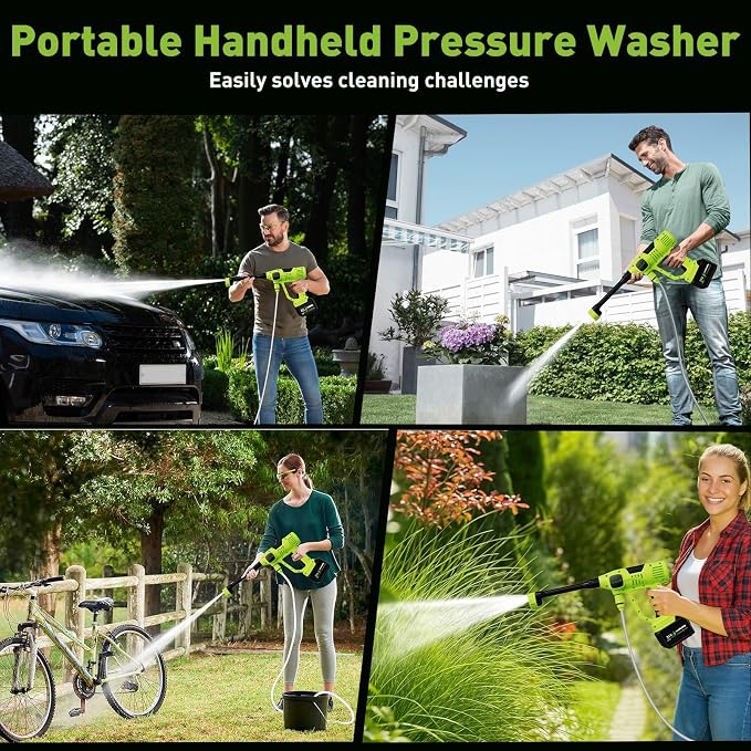 Cordless Car Washer, 1100PSI, Portable Cleaning Tool with 6-in-1 Nozzle, 10 Spray Settings, Battery Display, Self-Priming System for Car, Garden, Patio & Floor