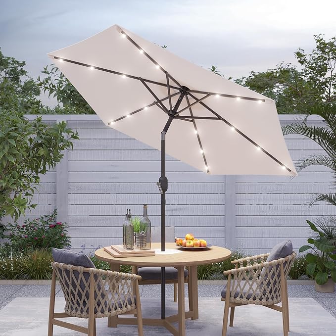7.5ft Outdoor Umbrella Patio Umbrella with Solar Lights,18 LED Lighted Table Market Outdoor Umbrella, 2-Year-Non-Fading, for Pool, Deck, Garden,Backyard