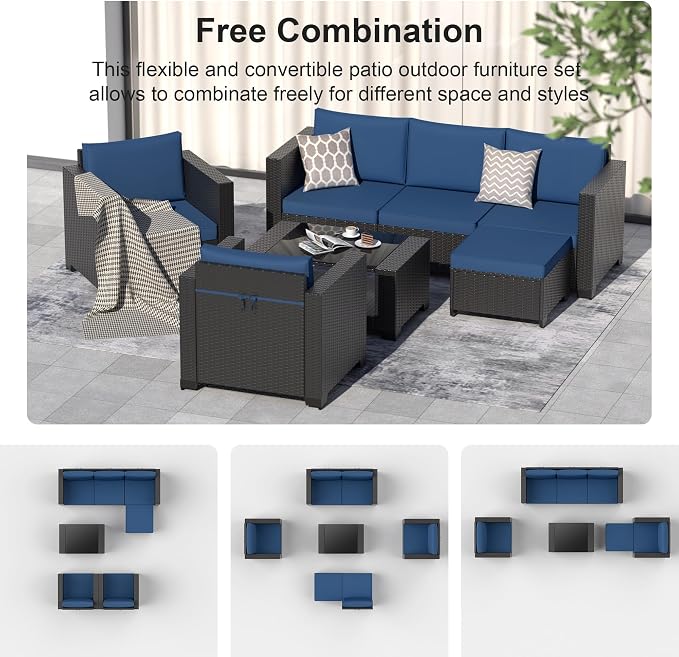 Patio Furniture Set, 7PCS Outdoor Sectional with Ottoman Wicker Rattan Patio Couch with Thickened Cushion Modular Wicker Patio Conversation Set with Glass Top Table for Balcony, Backyard (Dark Blue)