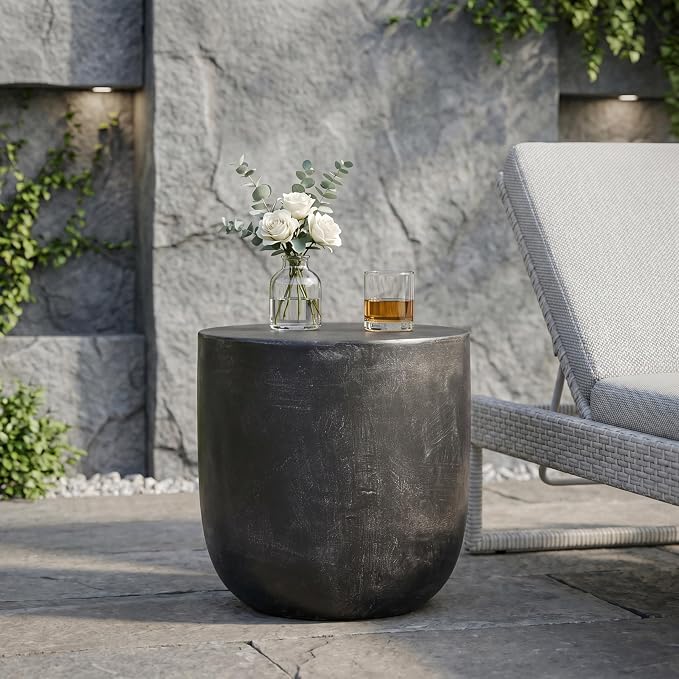 Outdoor Side Table Patio Concrete Side Table Round Drum End Table Faux Stone Side Tables Travertine Small Coffee Tables, Garden Stool Plant Stand for Backyard, 15.5" *15.75" Cylindrical, Black