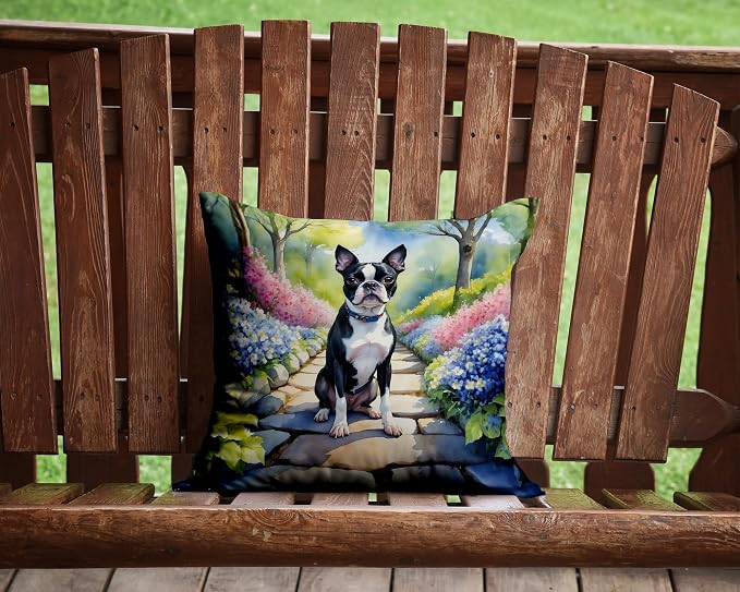 Caroline's Treasures Boston Terrier Spring Path Throw Pillow Machine Washable, Indoor Outdoor Decorative Pillow for Couch, Bed or Patio, 14Hx14W
