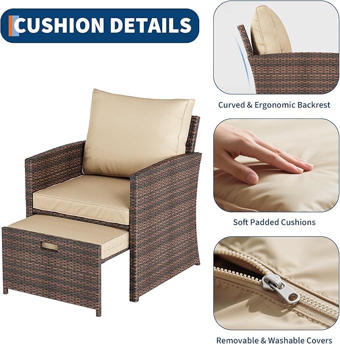 5-Piece High Back Patio Conversation Set with 2 Ottomans and Table, All-Weather PE Rattan Lounge Chairs with Soft Cushions, Perfect for Balcony, Porch, Garden, and Poolside Relaxation