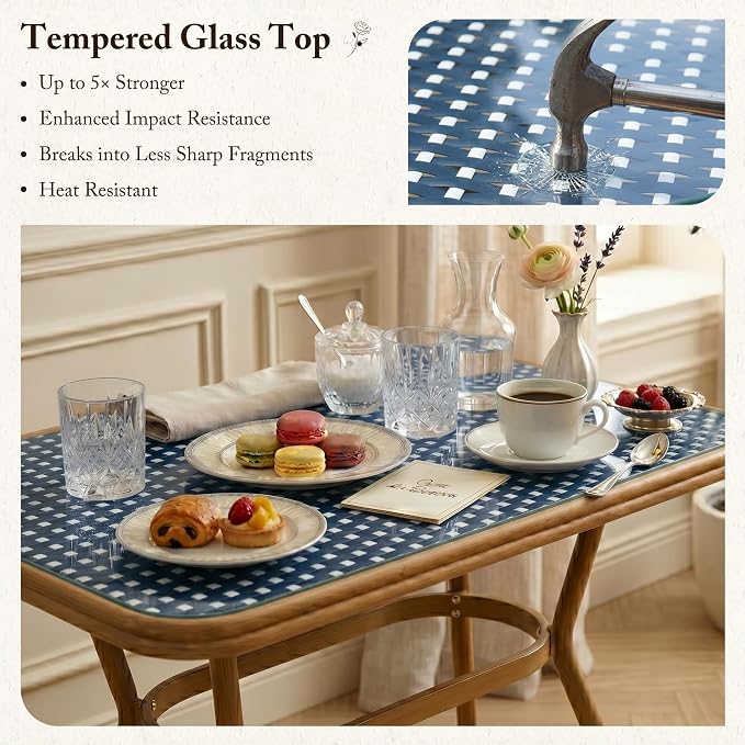 PURPLE LEAF 7-Piece French Bistro Dining Set Rectangle Outdoor Patio Table and 6 Armless Chairs Tempered Glass Top PE Rattan Champagne Print Finish Aluminum Frame Navy Blue