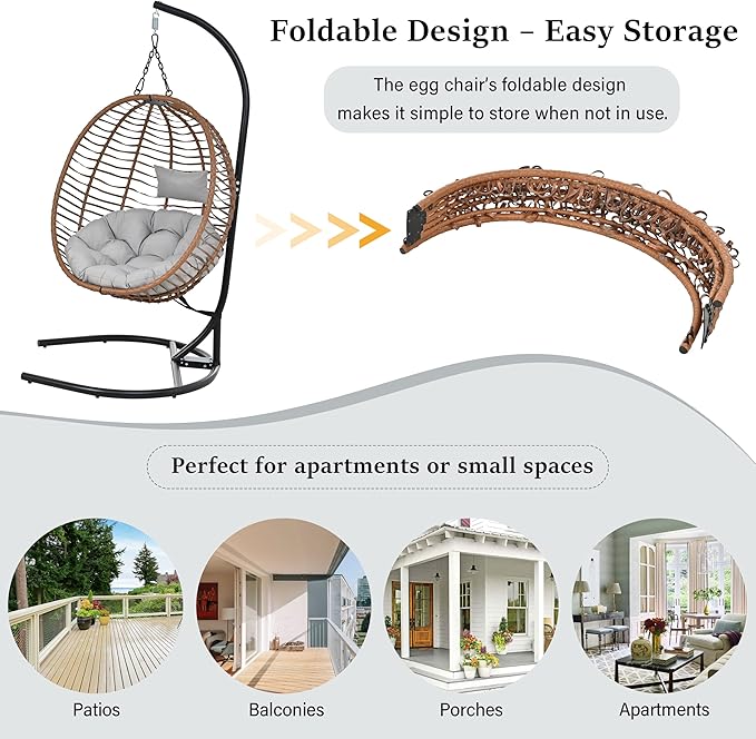 Folding Egg Chair, Outdoor Hanging Hammock Chair with Stand, Patio Wicker Hanging Chair with Iron Frame and Plush Cushion & Removable Headrest for Bedroom, Balcony, Garden (C-BrownGray)
