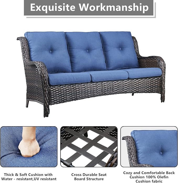 Rilyson Wicker Patio Furniture Sofa Set - 7 Piece Rattan Outdoor Patio Sectional Conversation Sets with 2 Sofa,2 Armrest Chairs,1 Coffee Table and 2 Ottomans for Porch Deck Garden(Brown/Blue)