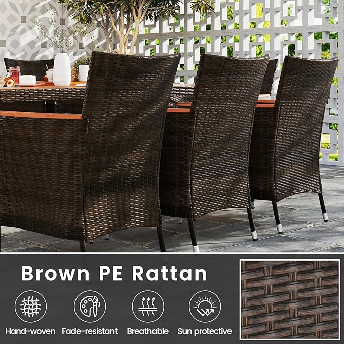 S AFSTAR Patio Dining Set for 8 with Umbrella Hole, 75” x 36” Acacia Wooden Table & PE Rattan Chairs for Deck, Backyard