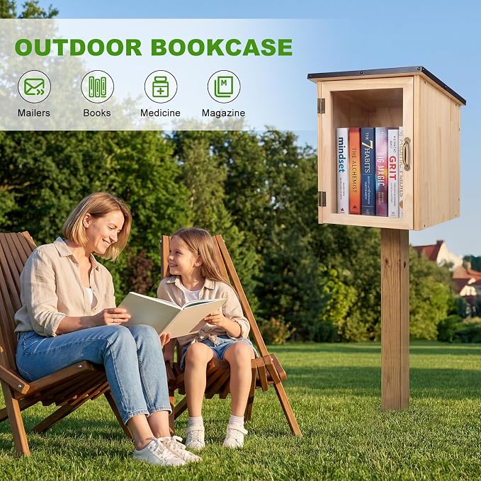 Little Library Outdoor Bookcase - Weatherproof Wooden Book Exchange Box with Visual Window, Large Capacity (Holds 15+ Books), Rain-Slope Roof for Backyard, Garden, Community & School Wooden Color