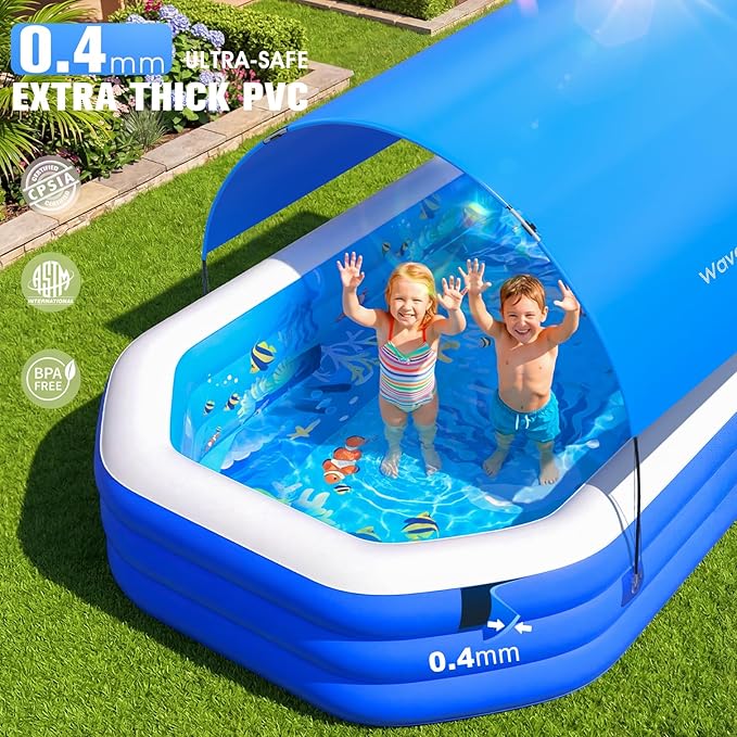 2026 Inflatable Pool with Canopy, Large Inflatable Pool for Kids,Adults, Blow Up Pools with Seats,Oversize Thickened 118"x75"x22"Inflatable Swimming Pools, Kids Pool for Backyard,Ocean Theme-Blue