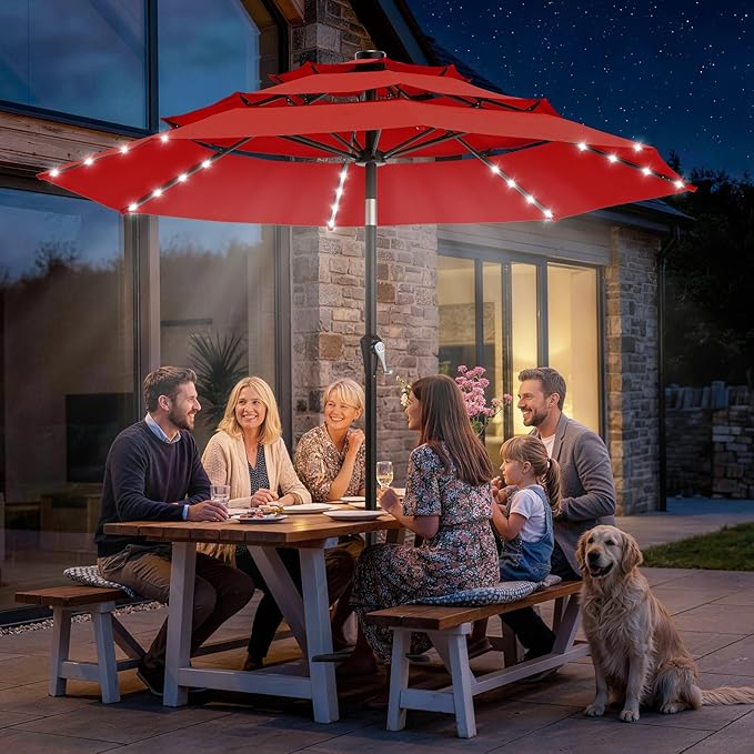 AreShark 9ft 3 Tiers Patio Umbrella with Solar Lights, Outdoor Umbrella w/ 32 LED Lights&8 Sturdy Ribs, Table Umbrella for Deck, Backyard, Pool (Red)