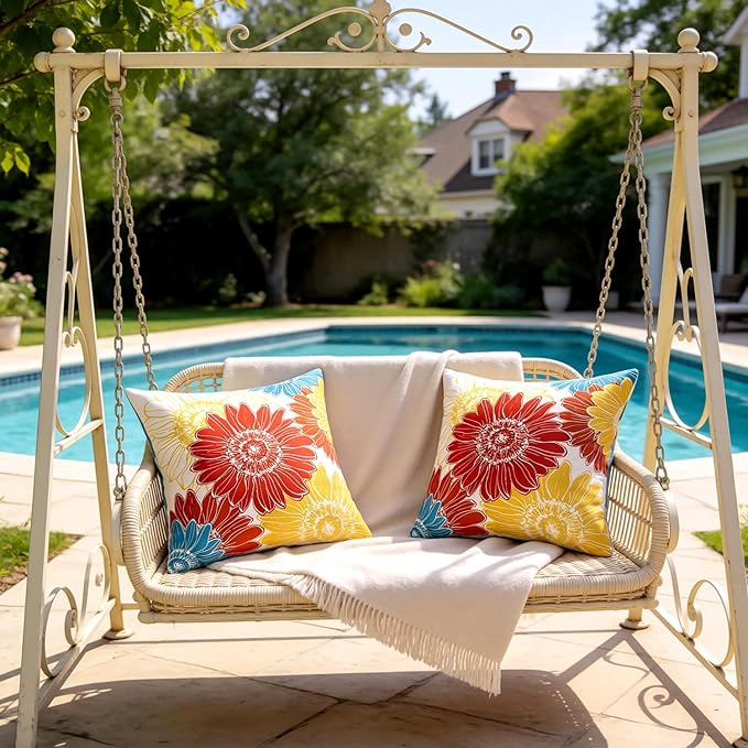 Summer Decorative Sunflower Pillow Covers Outdoor Red Orange Throw Pillow Covers Waterproof Floral Square Farmhouse Cushion Throw Pillowcase 18x18 Set of 2 for Living Room Sofa Patio Furniture Garden