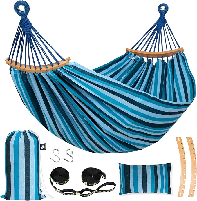 SUNCREAT Hammocks Outdoor Camping Double Hammock with Spreader Bar, Carrying Bag, Fabric Hammock for Backyard, Navy & Blue