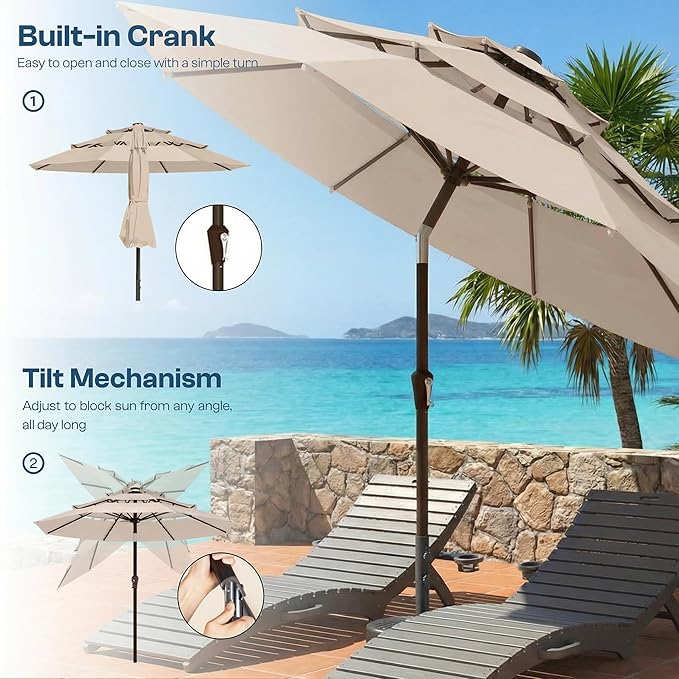 10ft Patio Umbrella, 3 Tier Outdoor Market Table Umbrellas with 8 Fiberglass Ribs and Push Button Tilt, Windproof, Vented Canopy, UV Protection for Deck, Pool, Backyard