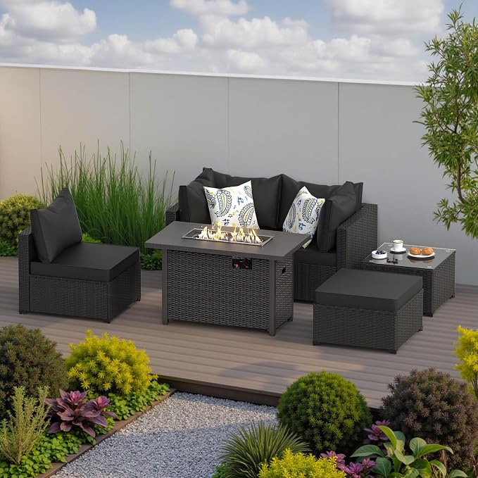 Patio Furniture Set w/ Fire Pit Table, 6PCS Outdoor Conversation Sets Waterproof Rattan Sectional Sofa with 4” Thickened Cushion Modular Wicker Patio Furniture Set with Glass Top Table (Black)