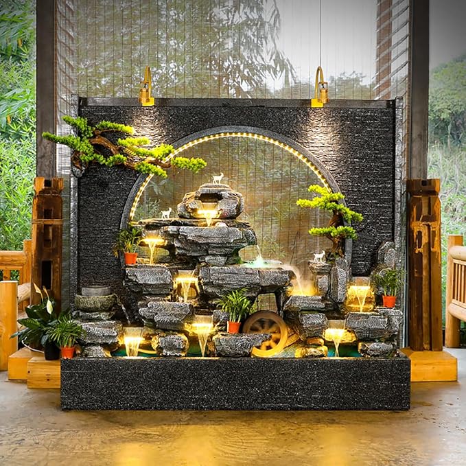 Outdoor Water Fountain with LED Light, Cement, Rockery Texture, 77L x 70H x 17W inches, for Living Room, Balcony, Dining Room, Garden Club,Housewarming Gift.Multiple Options(#A)