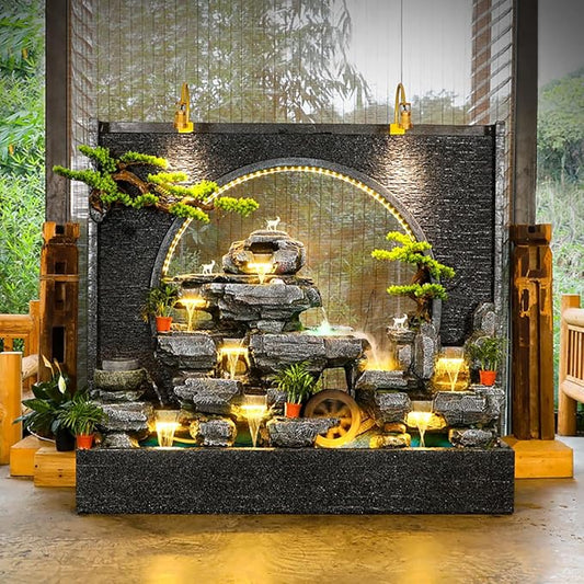 Outdoor Water Fountain with LED Light, Cement, Rockery Texture, 77L x 70H x 17W inches, for Living Room, Balcony, Dining Room, Garden Club,Housewarming Gift.Multiple Options(#A)