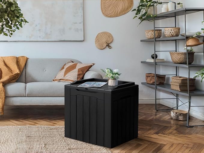 28 Gallon Black Outdoor Deck Box, Waterproof Resin Storage Box with Lid for Patio