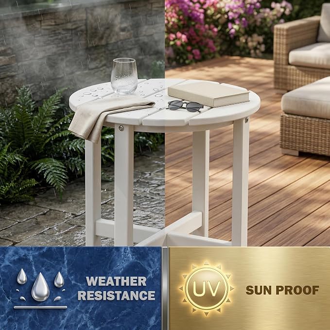 18 Inch Round HDPE Side Table, All-Weather Outdoor End Table for Adirondack Chairs, Waterproof and UV Resistant Plastic Patio Side Table for Garden, Backyard, Poolside, White