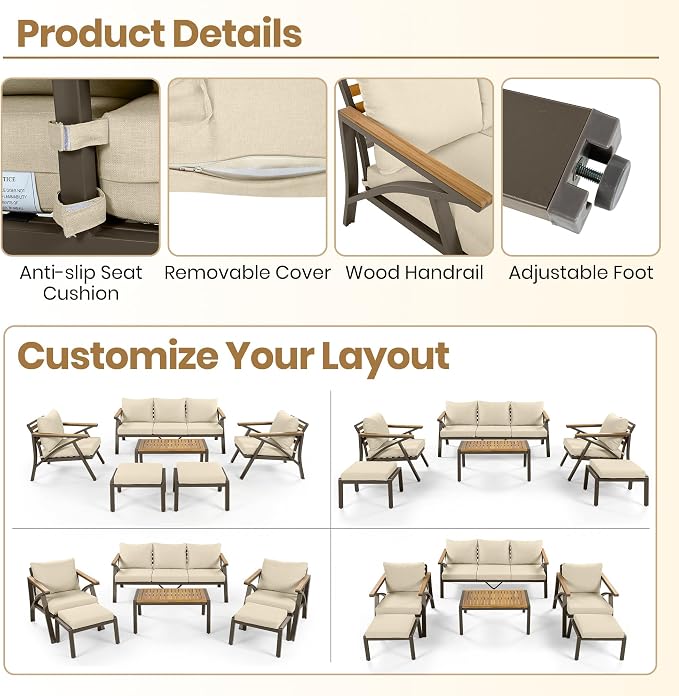 6-Piece Outdoor Patio Furniture Set, All Weather Conversation Set, Steel Frame Sofa Set with 3-Seat Couch, 2 Armchairs, 2 Ottomans & Acacia Wood Coffee Table for Backyard Garden (Beige-3.27)