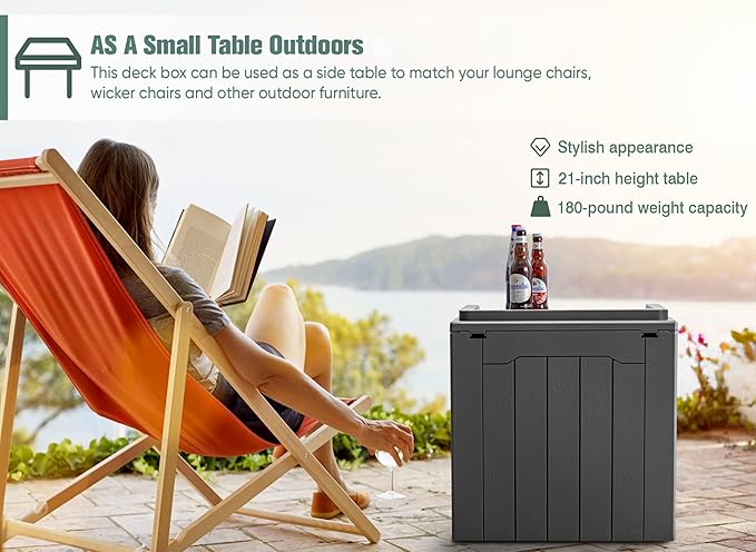 GUNJI 30 Gallon Small Deck Box Outdoor Waterproof Resin Storage Box Lockable Storage Container Outside Package Delivery Box (Gray)